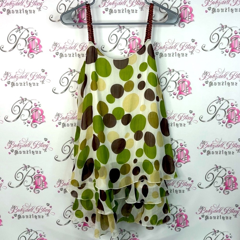Glam & fame dress polka dot braided straps Polka Dot Dress Green Brown ruffle